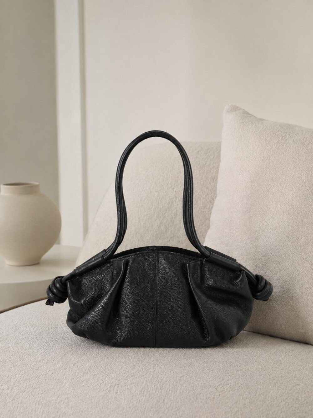 Black Italian Leather Shoulder & Crossbody Bag, Soft Gathered Leather Handbag